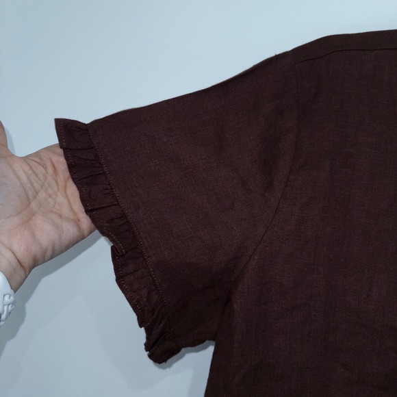 New J. Crew Roasted Cocoa Brown Linen Ruffle Trim Button-Up Shirt Size Large - Picture 2 of 7